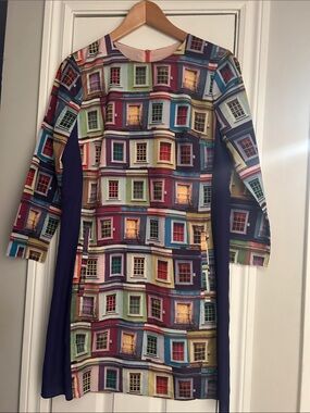 Ted Baker Multicolor Window-Print Dress with Navy Panels